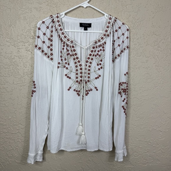 RD & KOKO Anthropologie Peasant Top Size M White Embroidered Beaded Boho Hippie - Picture 7 of 9